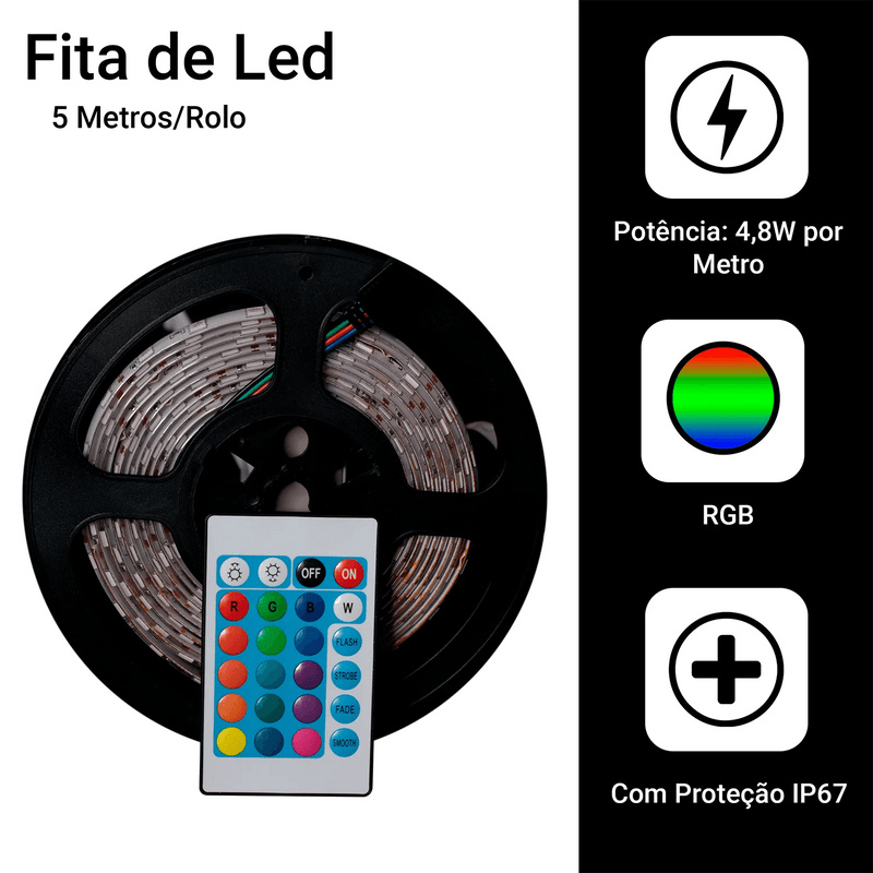 Rolo de Fita Led Rgb 5m Ip65 + Controle